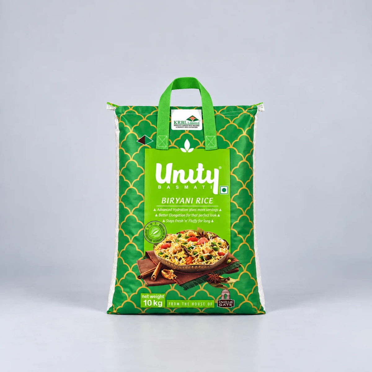 A 10 kg bag of Unity Harvests Biryanis Rice, featuring a green and gold patterned design with a central green label showing a prepared biryani dish.
