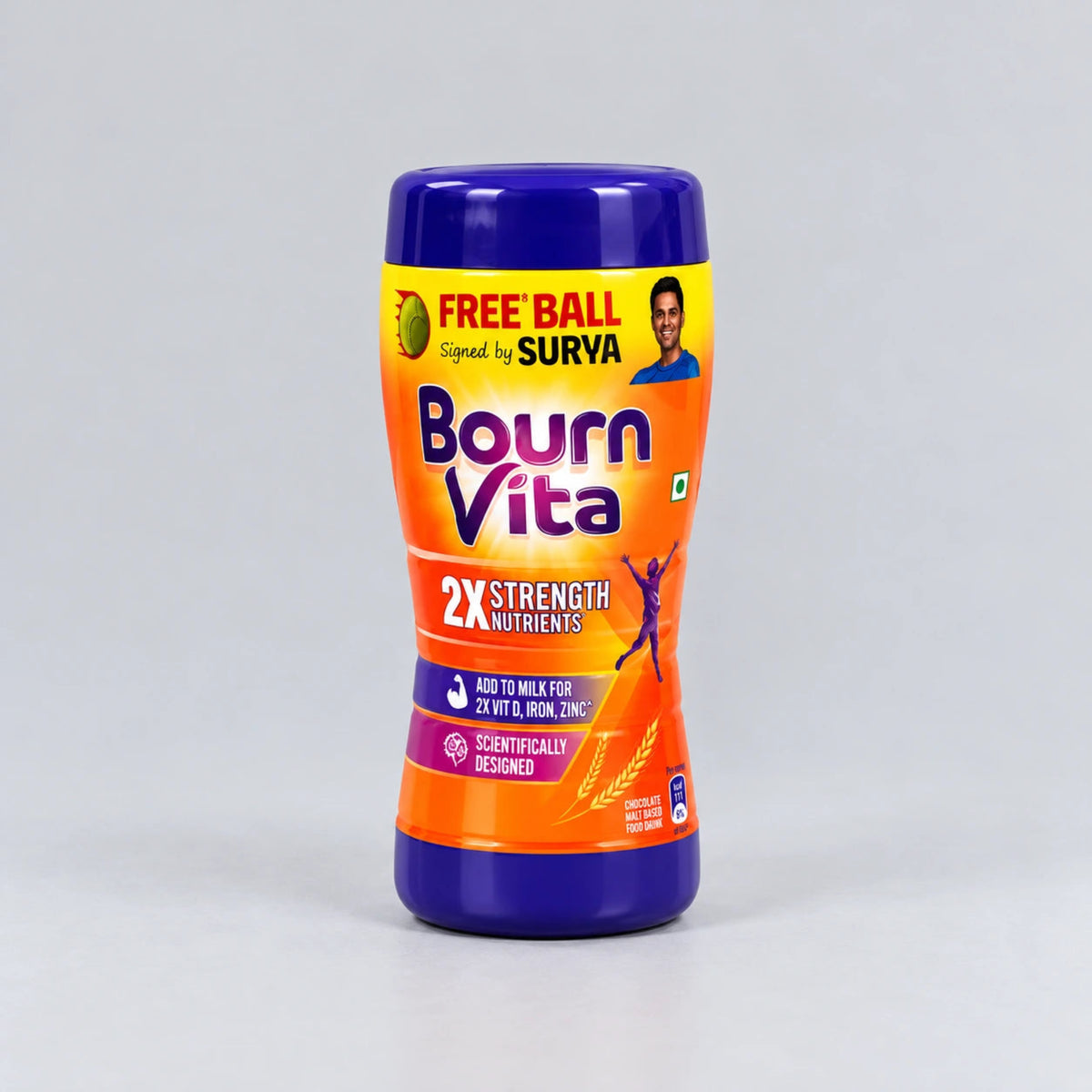 A bottle of Bourn Vita 2X Strength Nutrients drink mix, featuring a purple cap and base with a vibrant orange and yellow label, set against a neutral light gray background.