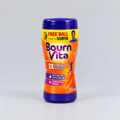 A bottle of Bourn Vita 2X Strength Nutrients drink mix, featuring a purple cap and base with a vibrant orange and yellow label, set against a neutral light gray background.
