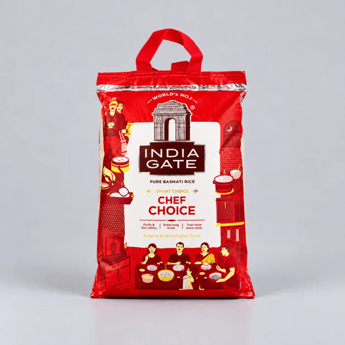 A red bag of India Gate Chef Choice Pure Bashati Rice standing upright on a light gray studio background. The packaging features a white central label with the India Gate brand name and illustrations of people dining and kitchen scenes.