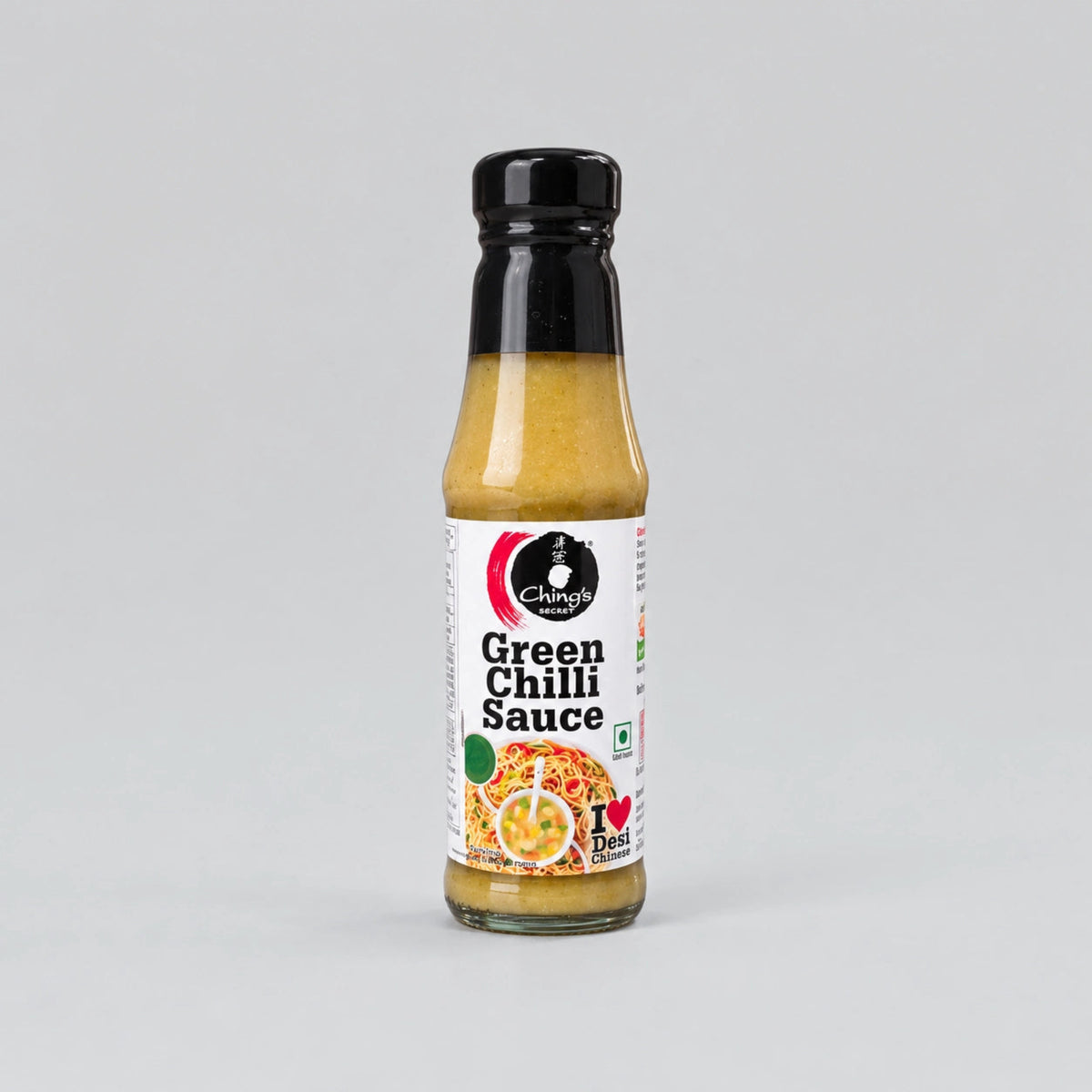A bottle of Chunni Green Chilli Sauce with a black cap and a white label, set against a plain light gray background.