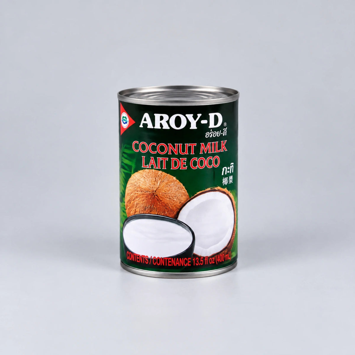 A can of Aroy-D Coconut Milk (Lait de Coco) 13.5 fl oz (400 ml) on a light gray background.