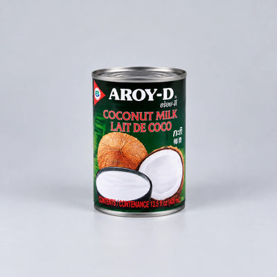 A can of Aroy-D Coconut Milk (Lait de Coco) 13.5 fl oz (400 ml) on a light gray background.