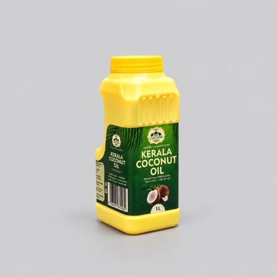 A 1-liter plastic bottle of Kerala Coconut Oil with a yellow cap and body, featuring a dark green label with white text and coconut illustrations, set against a plain gray background.