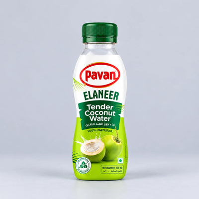 A 200 ml bottle of Pavan Elaneer Tender Coconut Water, featuring a green cap and a label with green and white graphics, set against a light gray background.