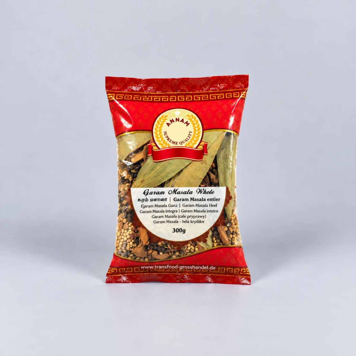 A 300g bag of German Masala Spice by Brand Food Grosshandel, featuring a red and gold package with a clear window showing the mixed spices inside.