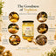 An infographic-style promotional graphic for Garam Devi Ghee, featuring a large jar of golden yellow ghee in the center, surrounded by six circular lifestyle photos showing ghee in use with food and people. Text at the top reads 'The Goodness of Tradition' with six numbered benefits listed around the product.