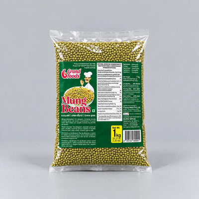 A 1 kg clear plastic bag of Grand Foods Mung Beans, showing the green beans through the transparent packaging with a green and white label.