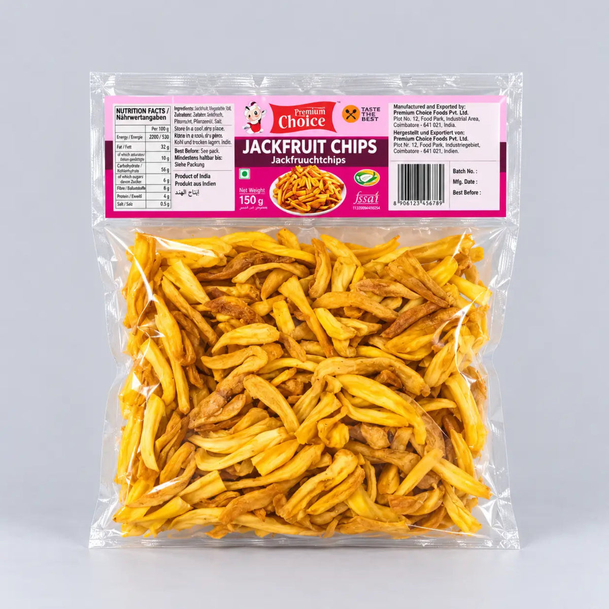 A 150g clear plastic bag of Premium Choice Jackfruit Chips, showing the golden-yellow dried chips inside, with a pink and white label on a light gray background.