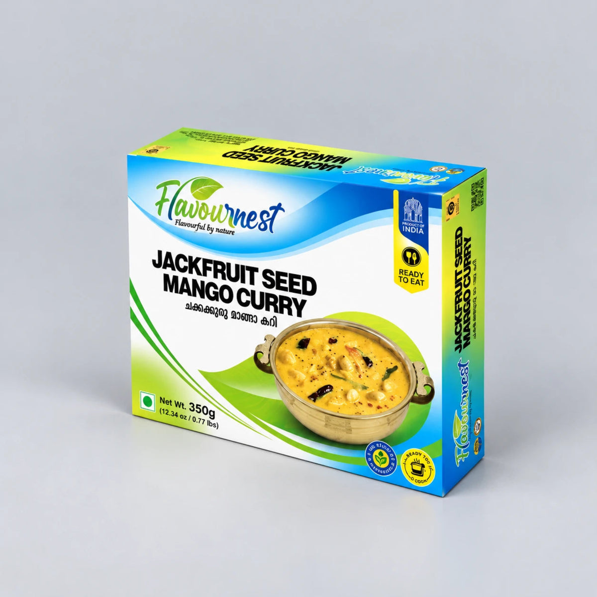 A box of Flavournest Jackfruit Seed Mango Curry, 350g, displayed on a neutral light gray background. The packaging features a bright blue, green, and yellow design with an image of the prepared curry in a copper pot.