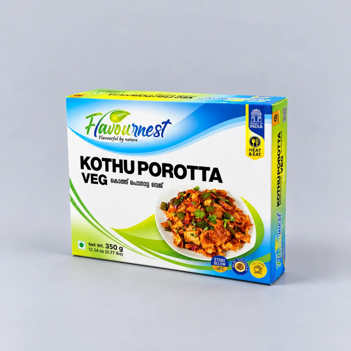 A 350 g box of Flavournest Kothu Porotta Veg (Indian fried fish cakes) on a neutral light gray background.