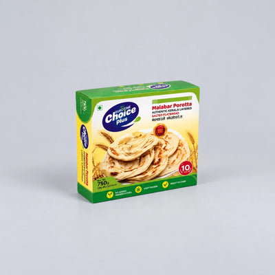 A box of Choice Plus Malabar Porotta (750g) on a light gray background. The packaging is green and yellow with a photo of the cooked flatbread on the front.