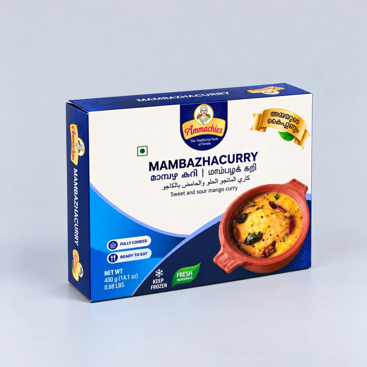 A box of Funnachie Mambazhacurry, a sweet and sour mango curry, shown on a light gray background. The packaging is blue and white with a photo of the cooked curry in a terracotta pot on the front.