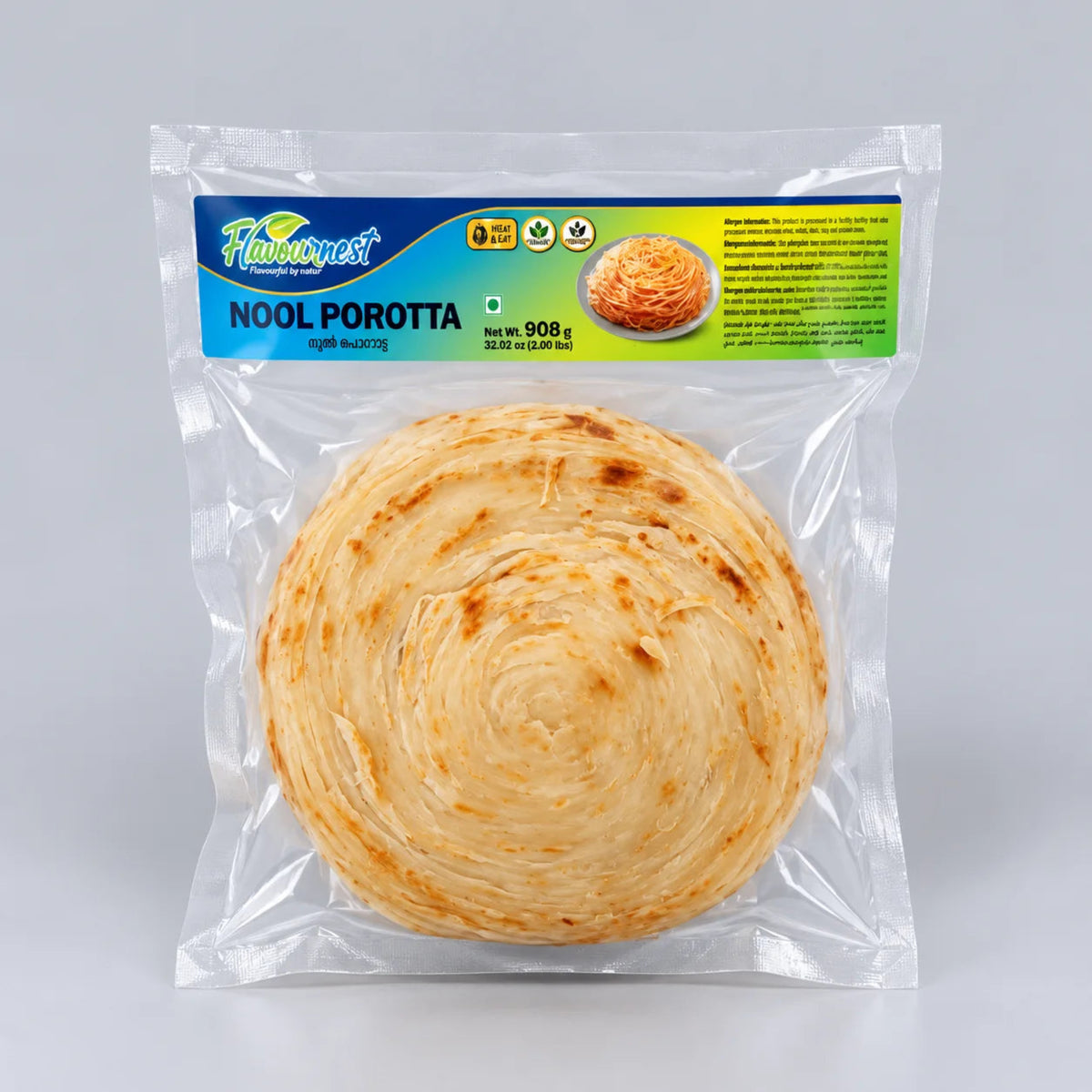 A packaged round flatbread called Nool Porotta, sealed in a clear plastic bag with a blue and green label. The flatbread has a golden-brown, layered texture.