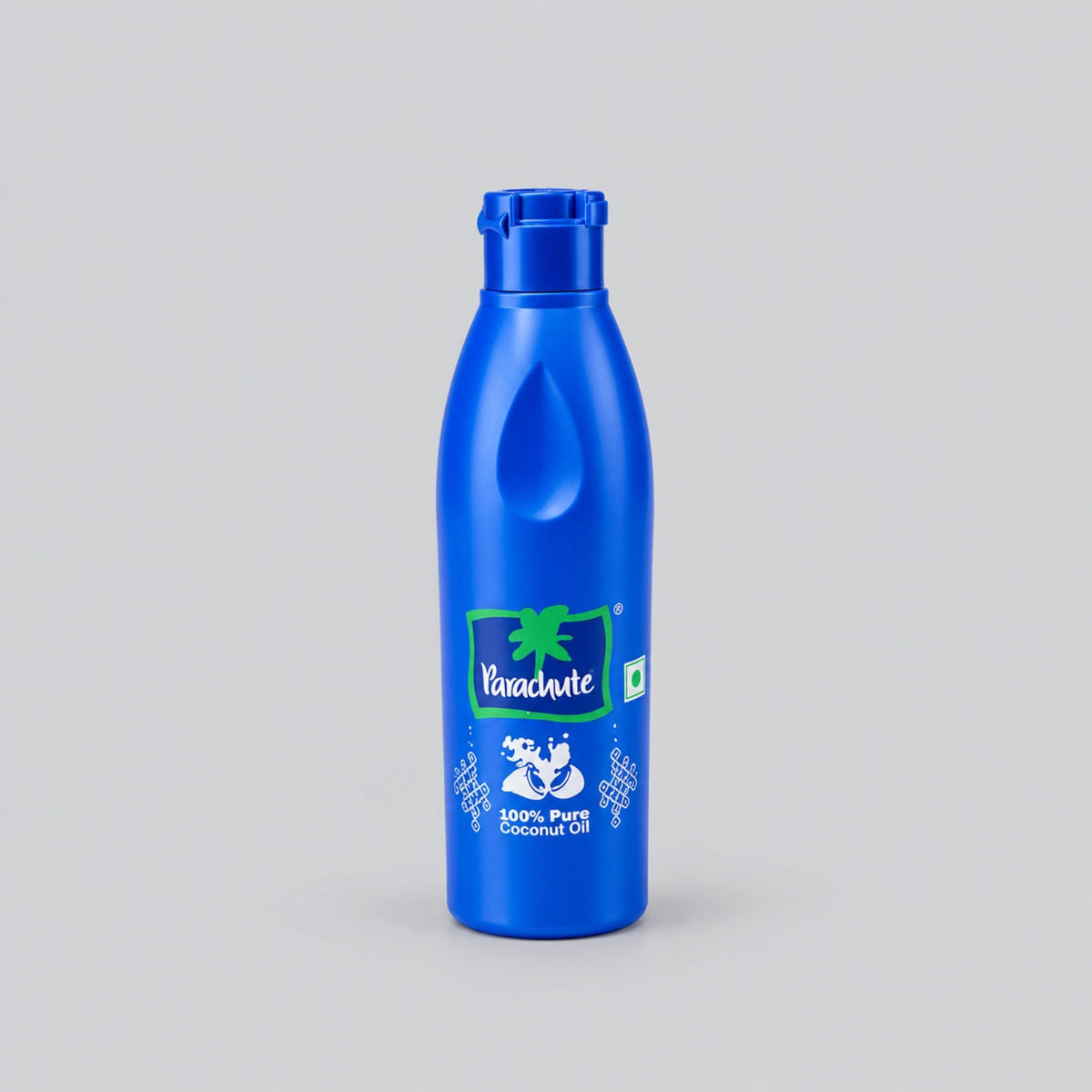 A blue plastic bottle of Vanihande Coconut Oil with a matching blue cap, centered on a light gray background.