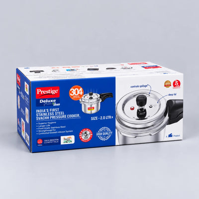 Prestige Deluxe 304 Stainless Steel Swachi Pressure Cooker box, size 2.0 LTR+, shown in its retail packaging against a light gray background.