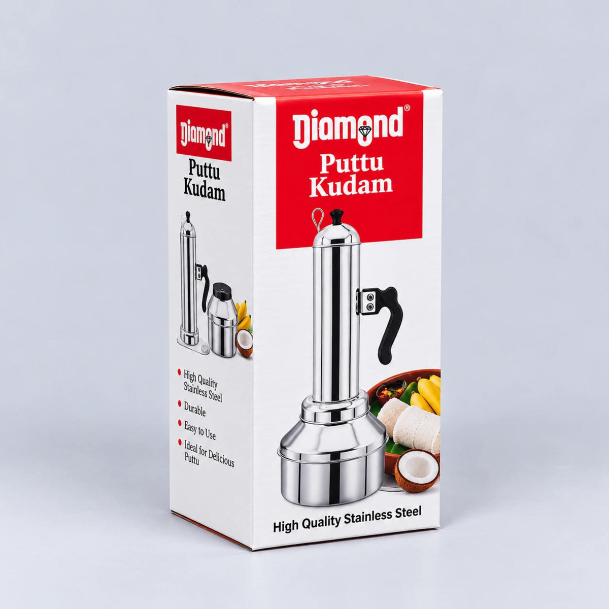 Diamond Puttu Kudam stainless steel hand pump packaging box, featuring a red and white design with product illustrations and a photo of cooked coconut.