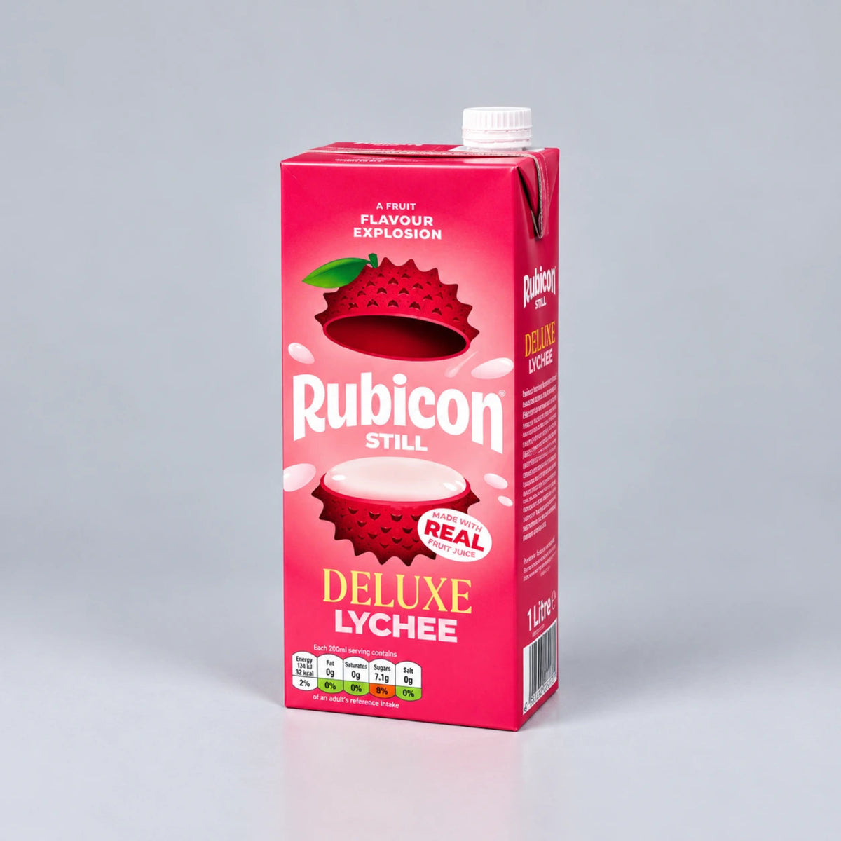 A 1.25L carton of Rubicon Still Deluxe Lychee juice, featuring a vibrant pink design with illustrations of lychees and white text, set against a neutral gray background.
