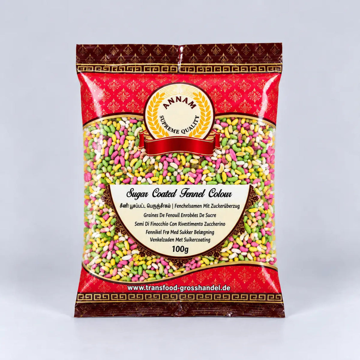 A 100g bag of Annar Premium Quality Sugar Coated Fennel Colours, featuring a red and gold patterned bag with a clear window showing the colorful sprinkles inside.
