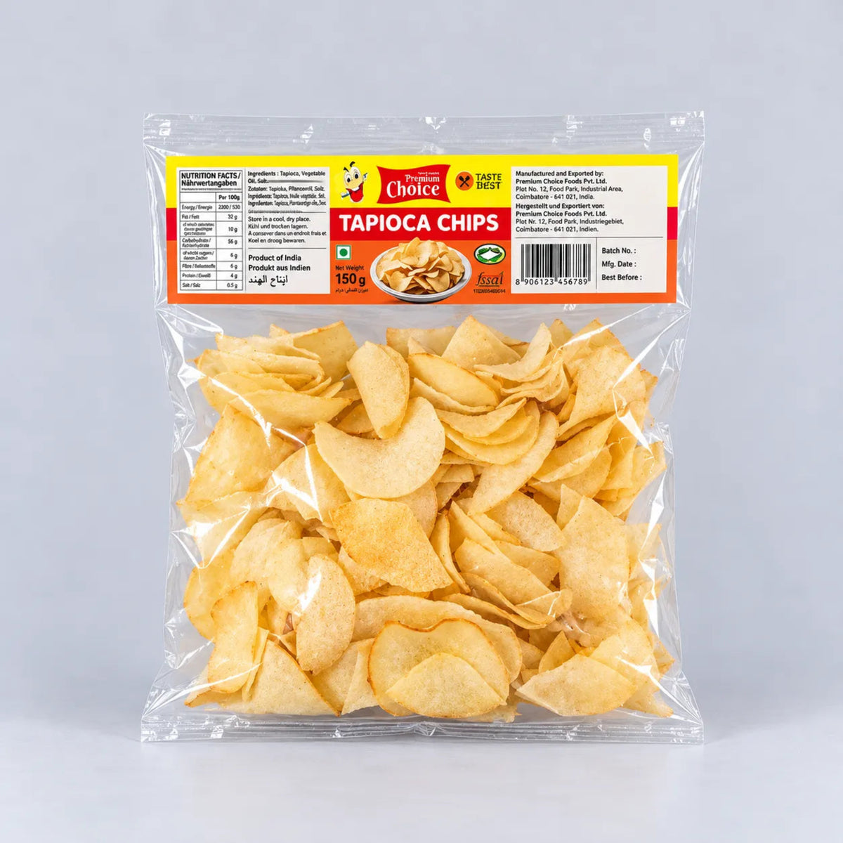 A 100g clear plastic bag of Choice Brand Tapioca Chips on a light gray background. The golden-yellow chips are visible through the transparent packaging, with the product label clearly showing the brand and product details.