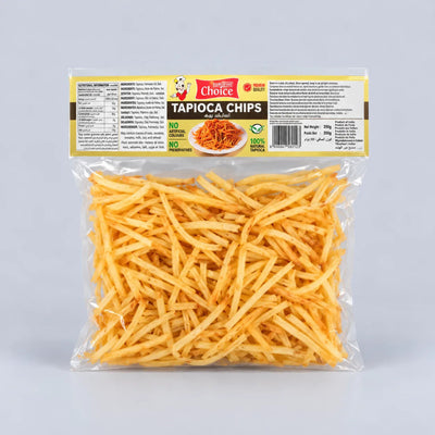 A clear plastic bag of Choice Brand Tapioca Chips, showing the golden-yellow fried potato sticks inside, with a yellow and white product label on a light gray background.
