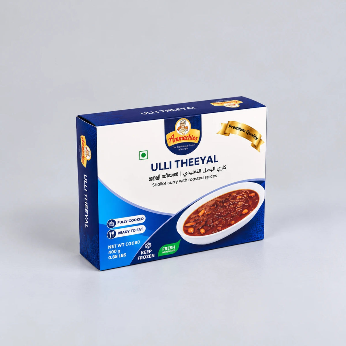 A box of Ulli Theeyal Shaded Curry with Roasted Spices by Namakkar, shown on a neutral light gray background. The packaging is primarily blue and white with a photo of the prepared curry on the front.