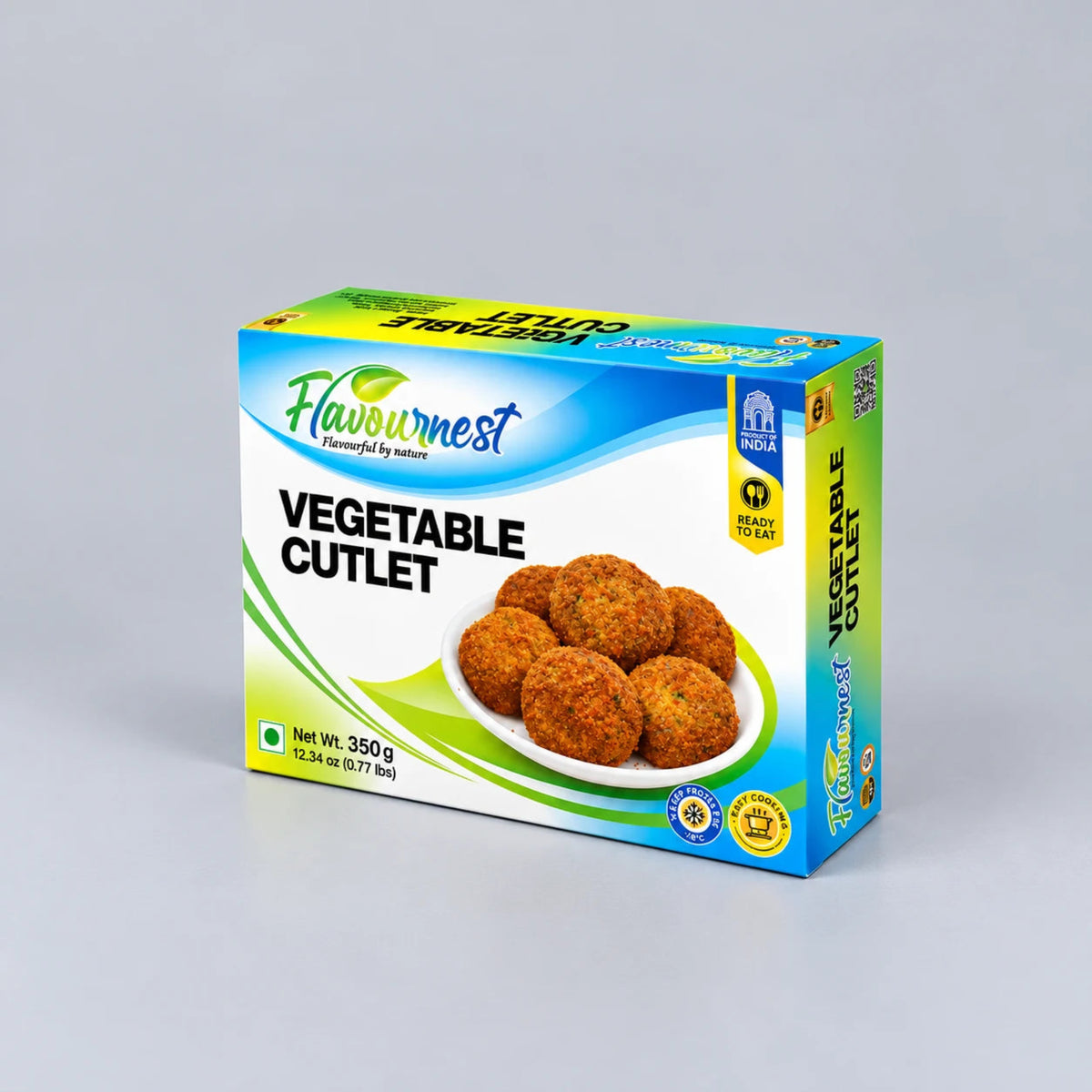 A 350g box of Flavournest Vegetable Cutlet, featuring a bright blue, white, and green packaging design with an image of golden-brown cutlets on a white plate, set against a neutral gray background.